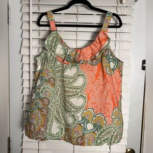 Tommy Hilfiger Coral Green Paisley Ruffle Neckline Tank Top XL 100% Cotton Artsy